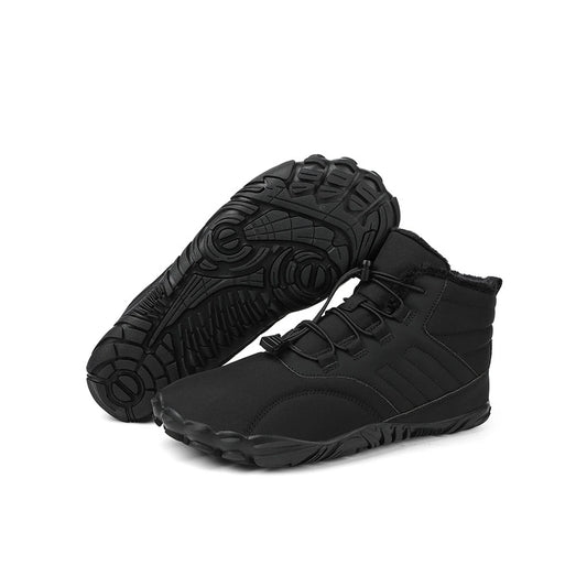 Black natural barefoot shoes for men and women with flexible soles, promoting comfort and healthy posture